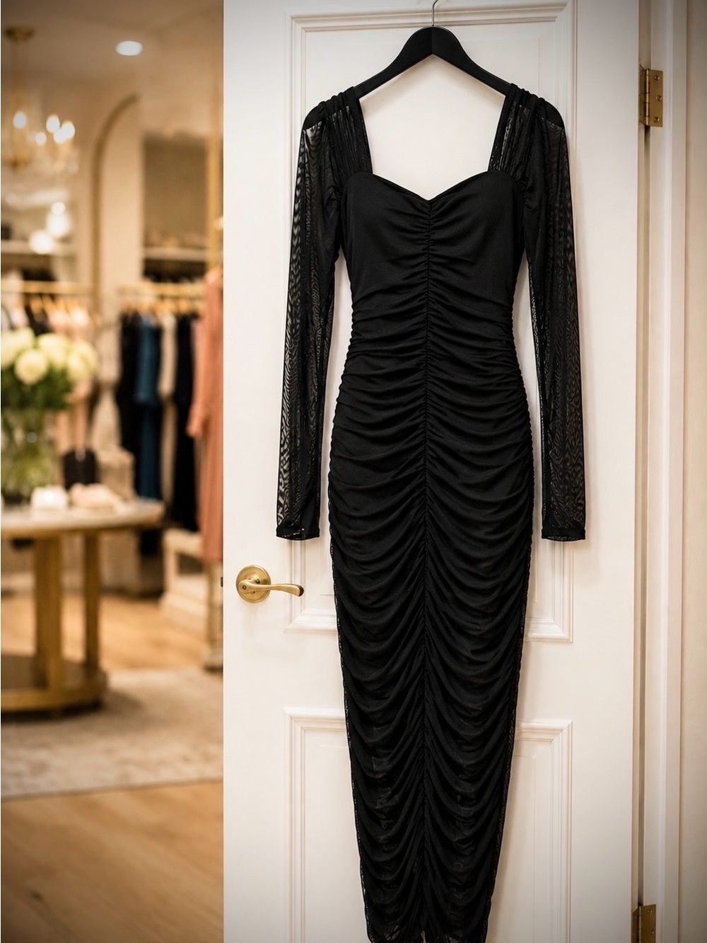 Black Ruched Mesh Sheer Sleeves Dress Dark Whimsigoth Quiet Luxury Feminine M - Picture 2 of 6
